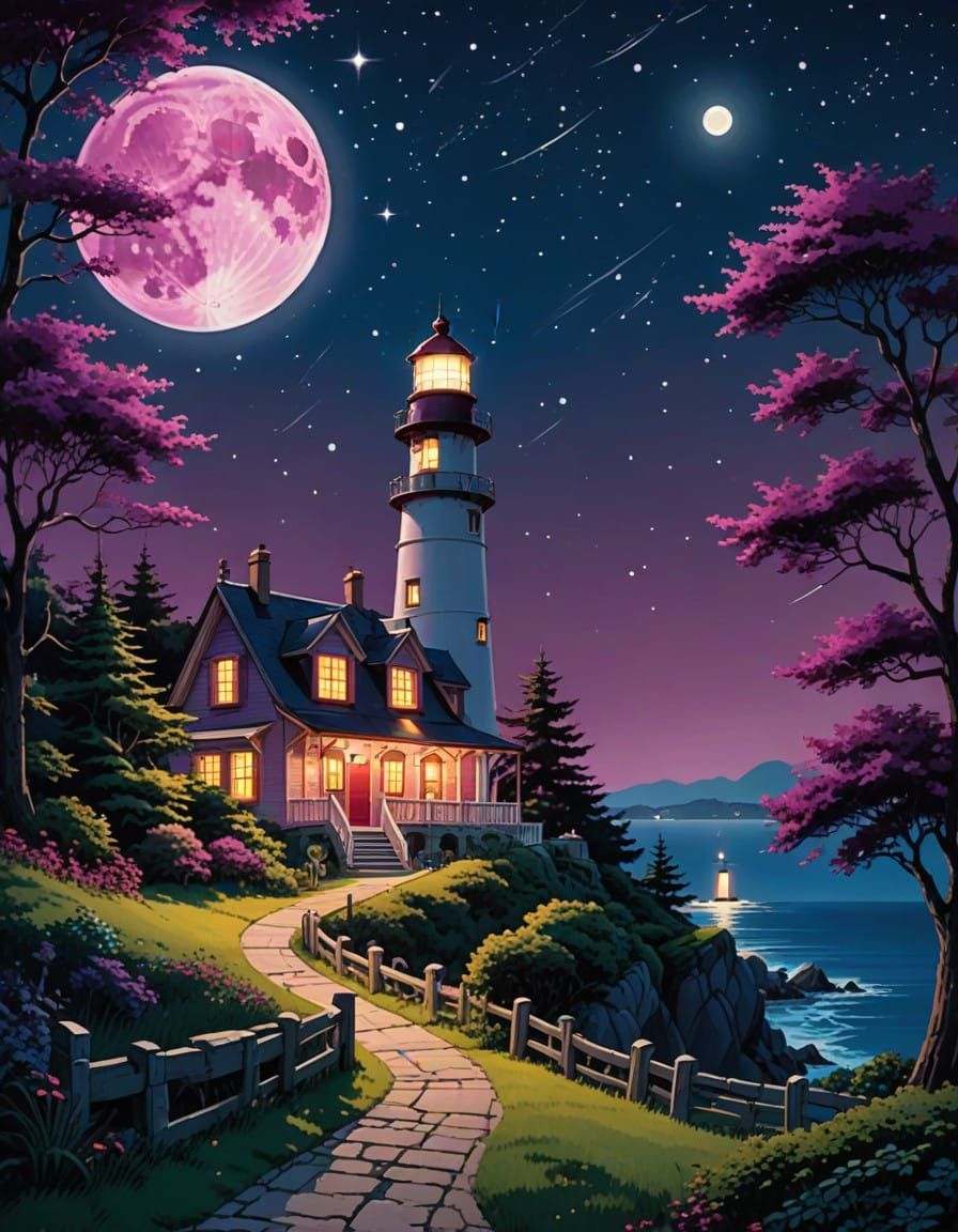 Surreal Moonlit Night Sky with Ghibli Trees and Lighthouse