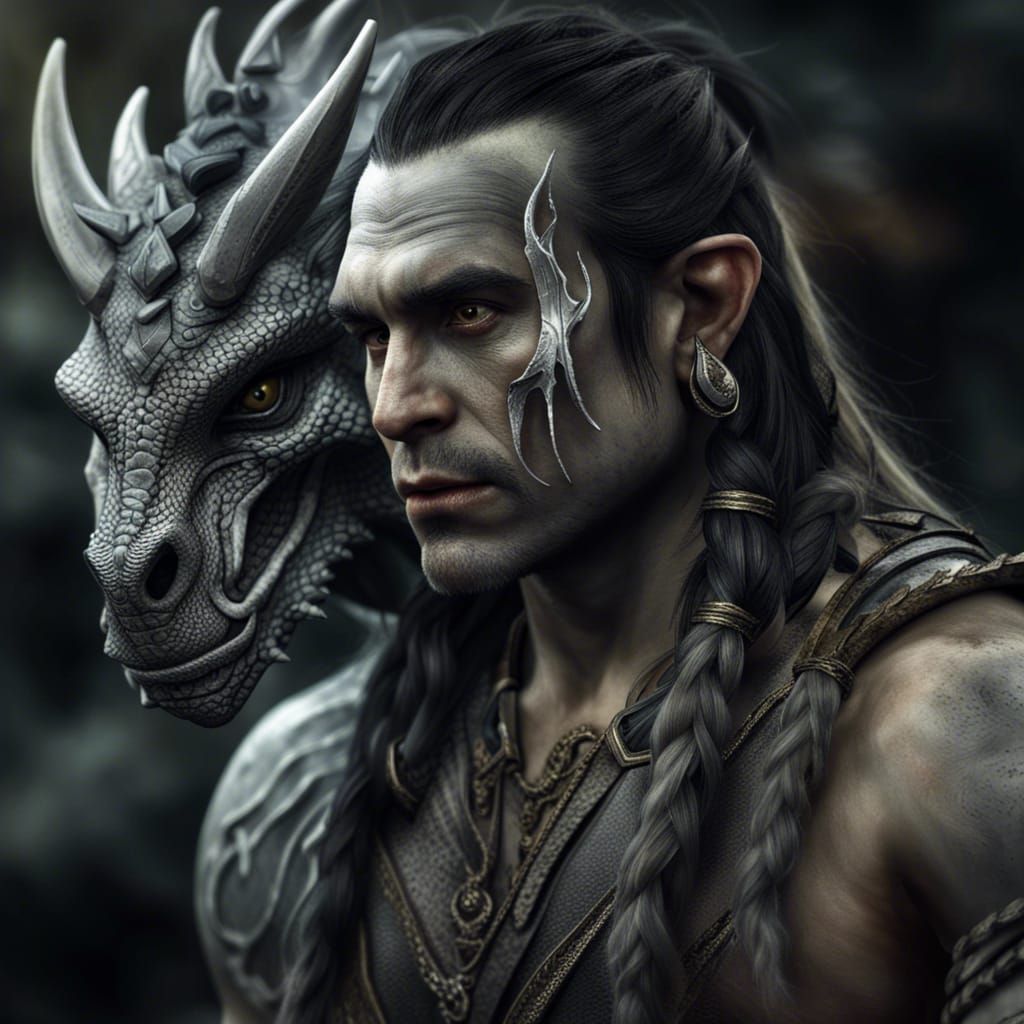 Half-Orc with Dragon: Hyperrealistic Fantasy Portrait