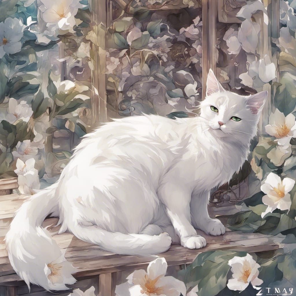 White Cat in Anime Style Digital Art