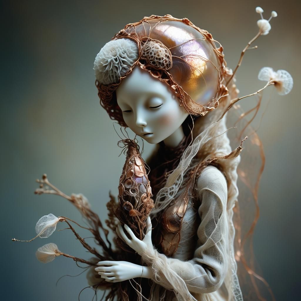 Surreal Wool Creature with Flower Pod Doll