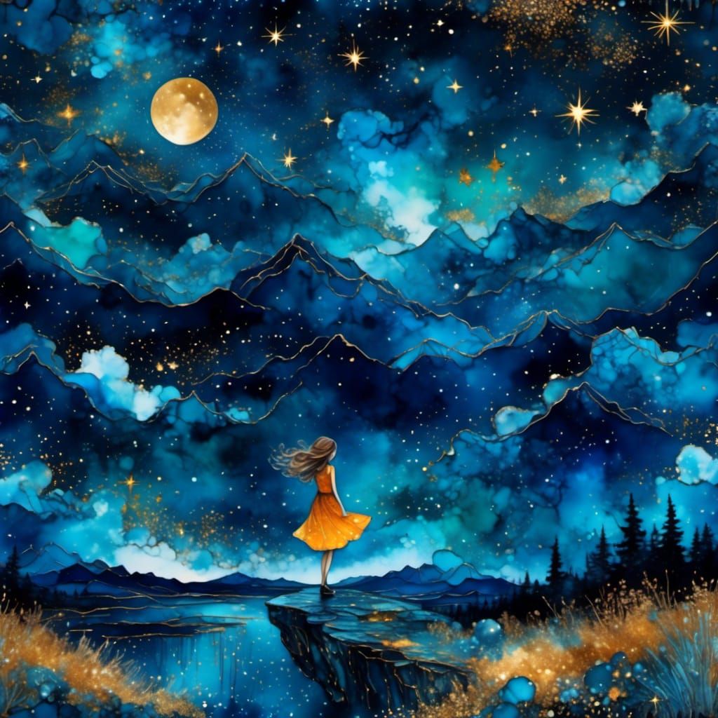 Celestial Night Sky: Girl Writing in Book