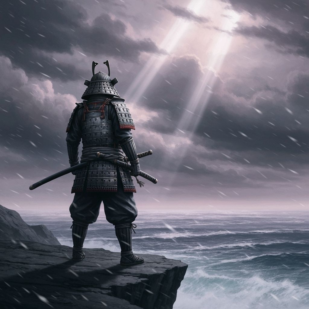 Lone Samurai on Stormy Cliff Overlooking Ocean