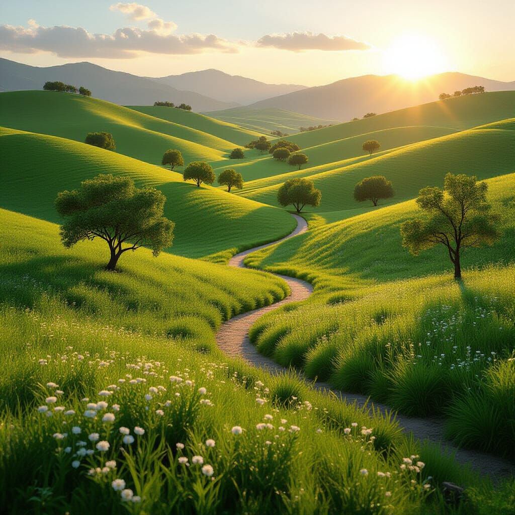 Serene Rolling Hills Landscape at Golden Hour