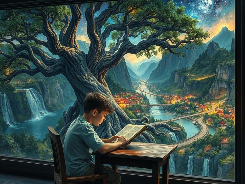 Dreamlike Scene of Boy Reading by Window with Majestic Fract...