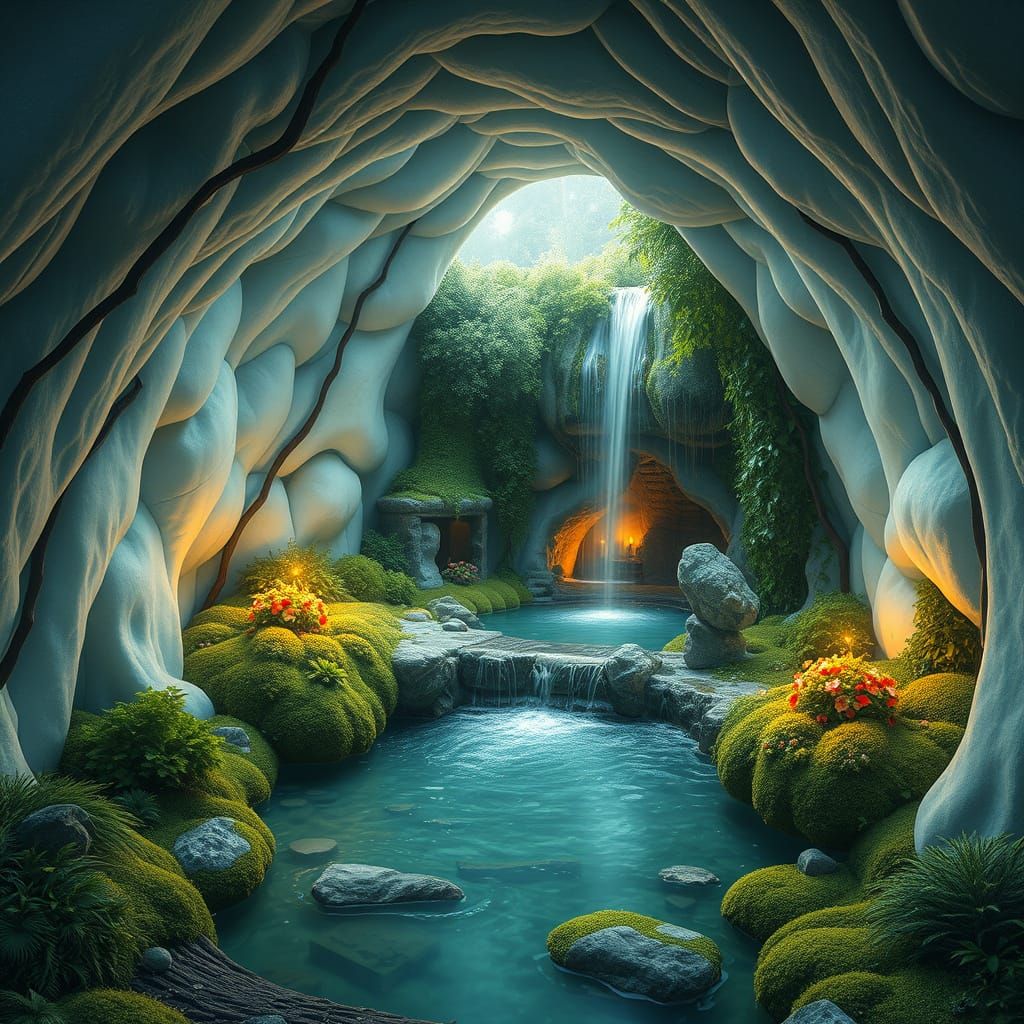 Waterfall Snow Globe in Dreamlike Illustration Style