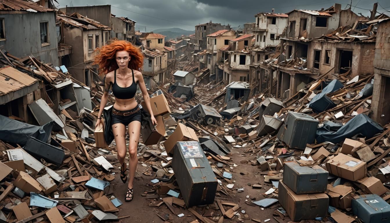 Stormy Wasteland: Red-Haired Woman in Cinematic 3D
