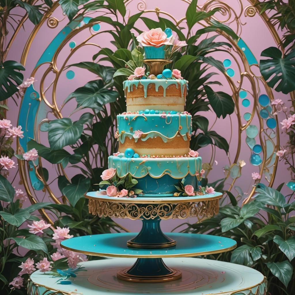 Birthday Cake with Turquoise Frosting in Utopian Style