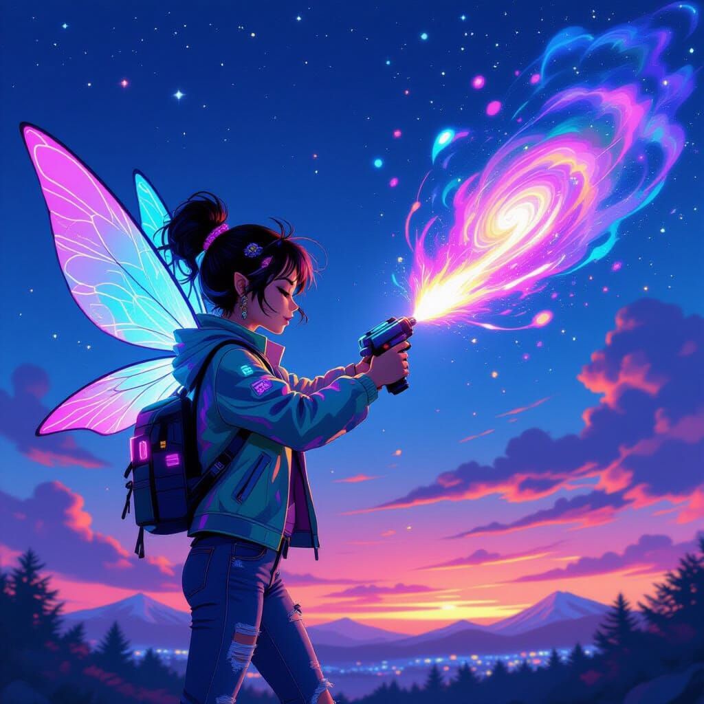 Bioluminescent Fairy Graffiti in Twilight Sky