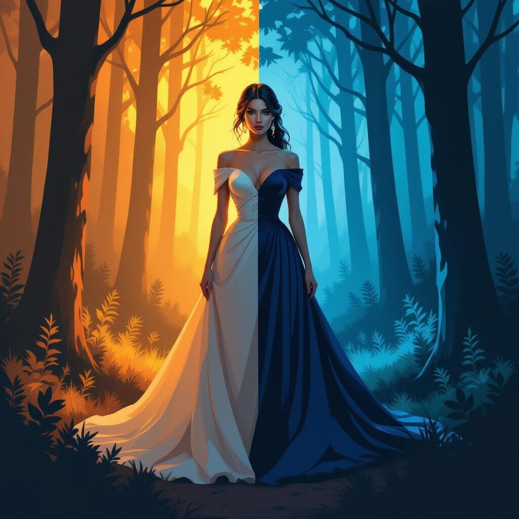 Mystical Forest Woman Split by Light and Shadow