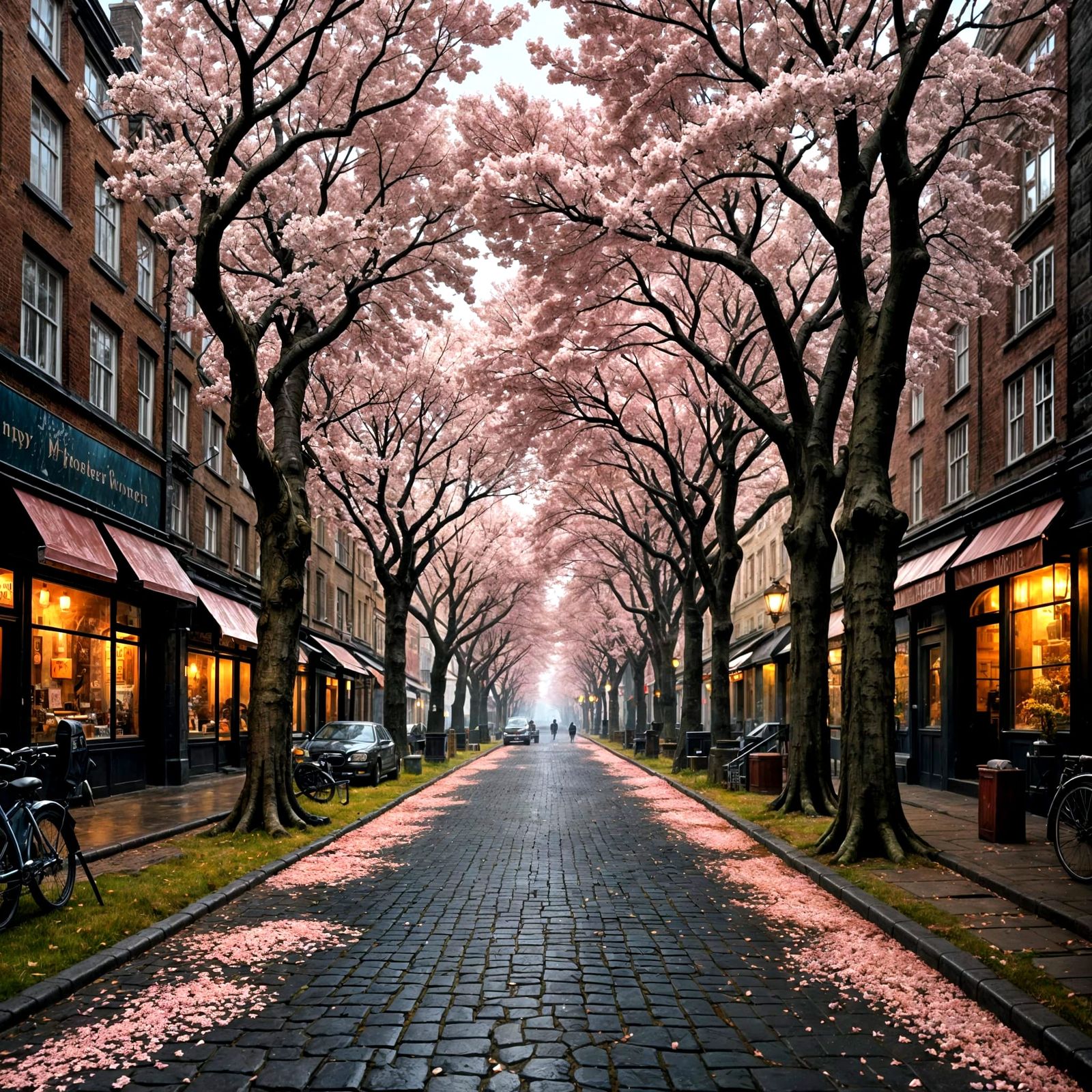cobblestone street lined with cherry blossom trees