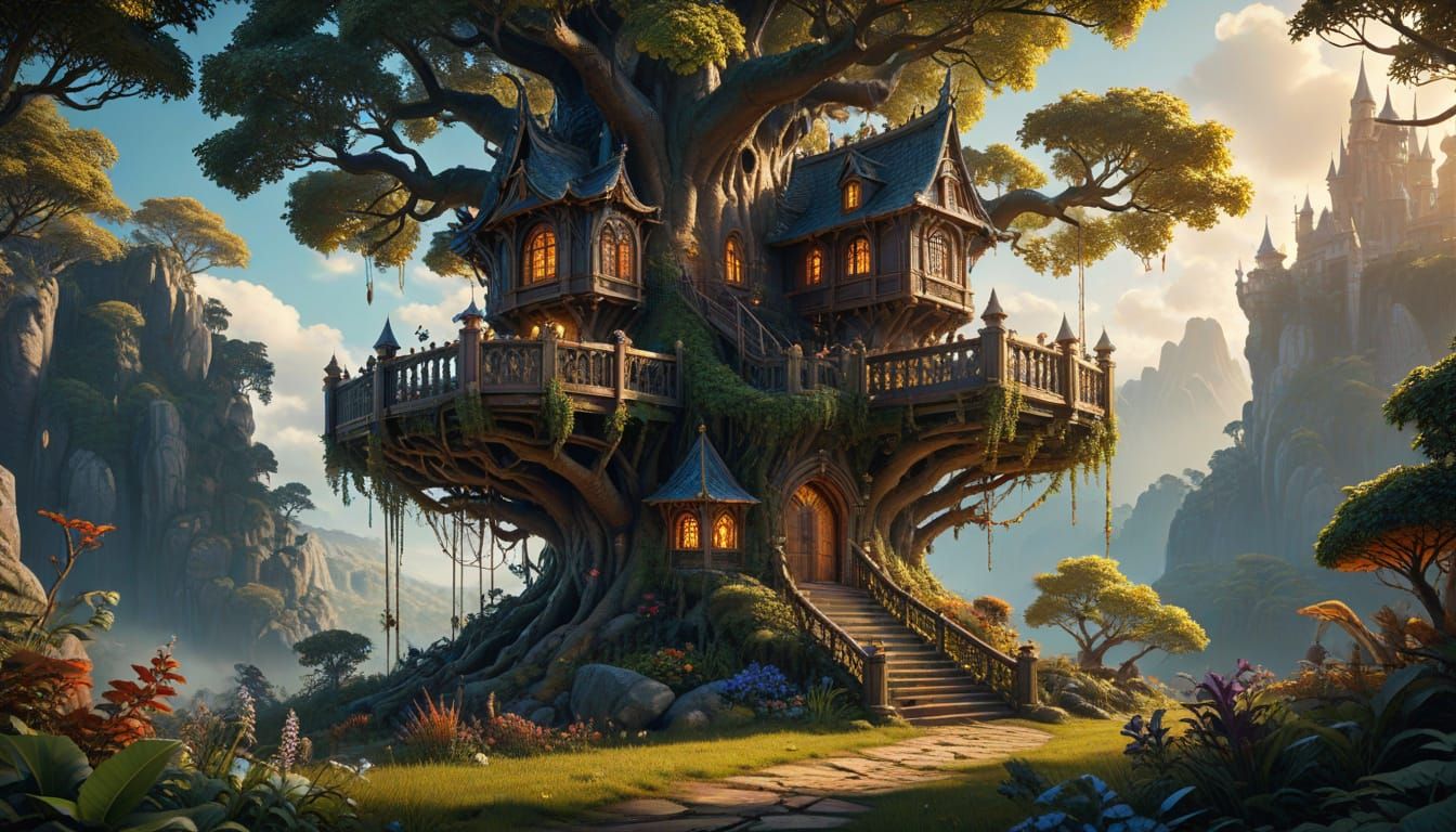 Epic Fantasy Treehouse Castle in Vibrant Garden of Eden