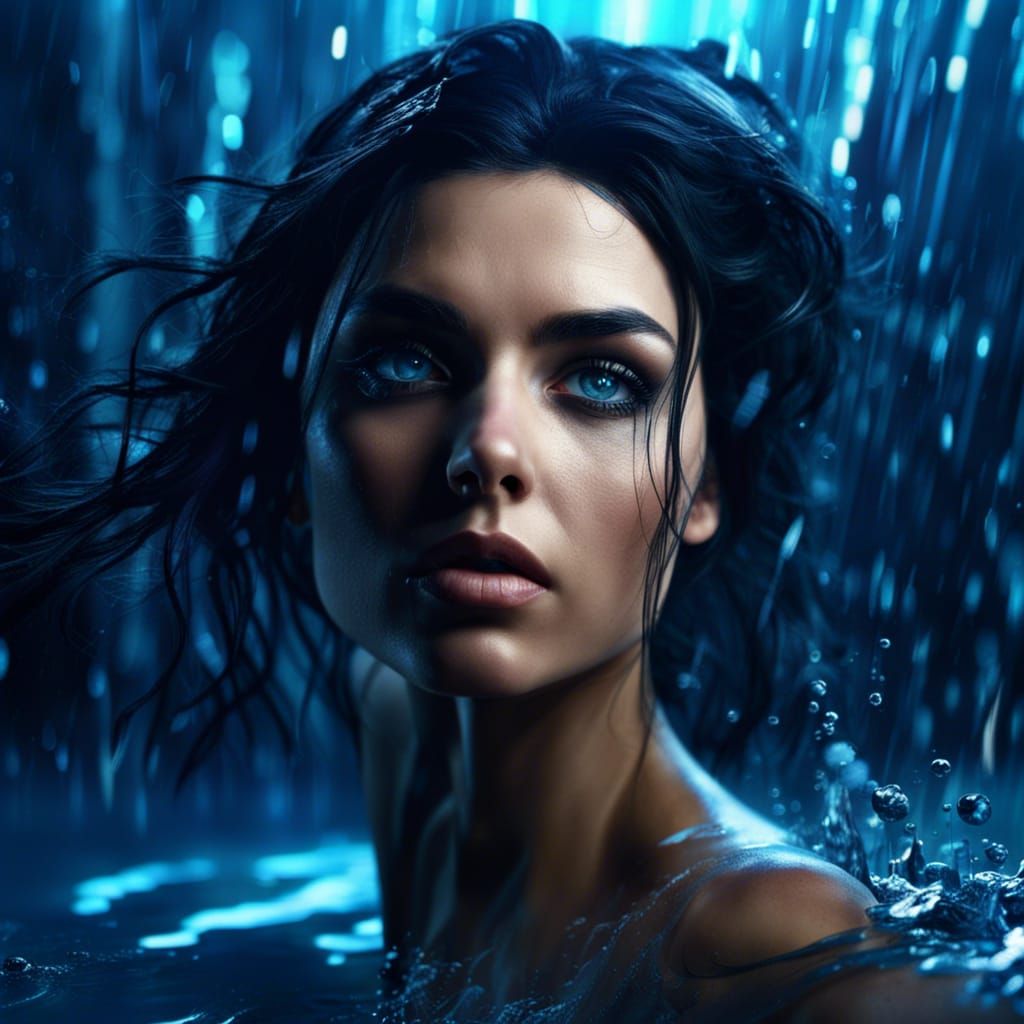 Blue-Eyed Woman Emerges From Water, Impressionism Style