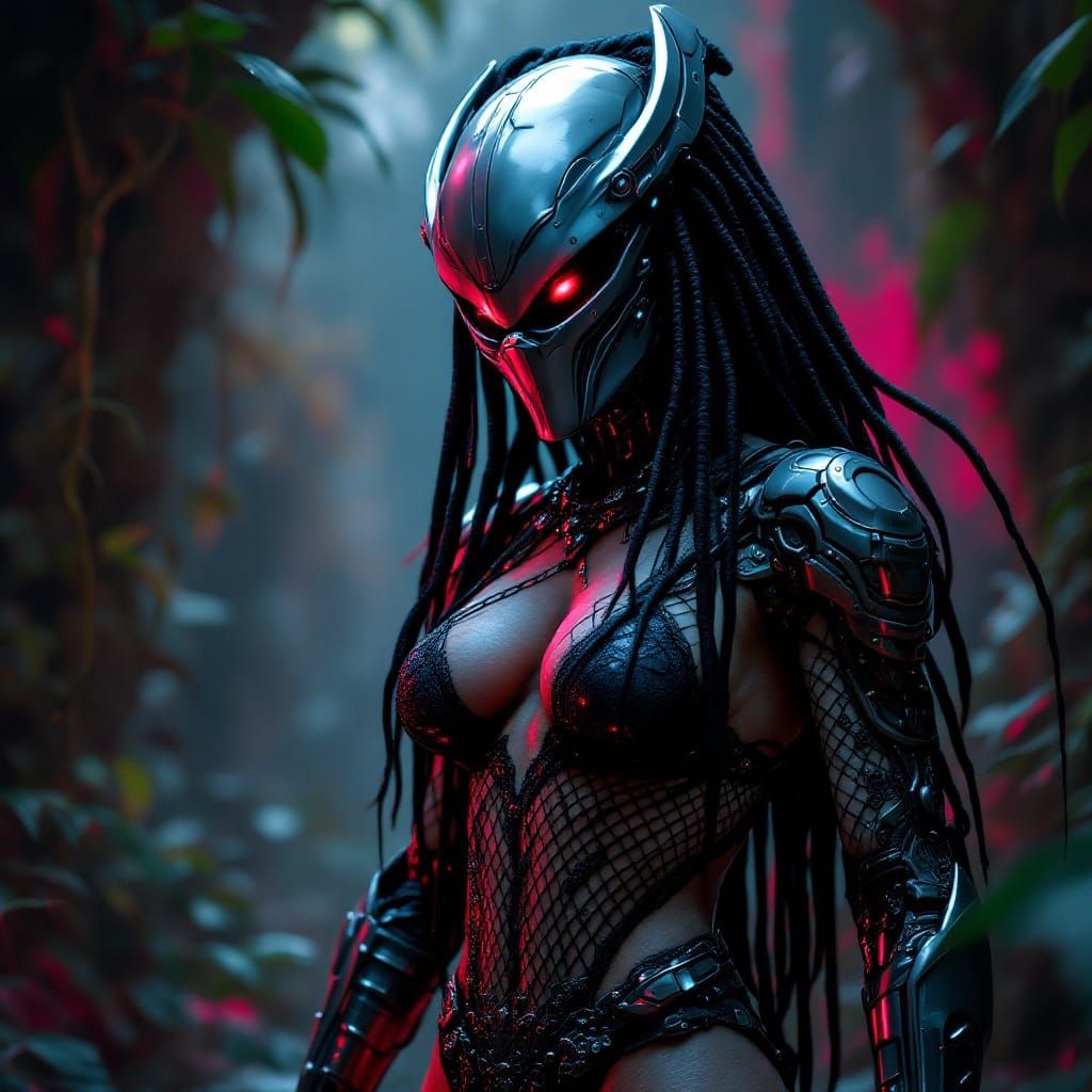 Cyberpunk Predator Yautja in Dystopian Jungle