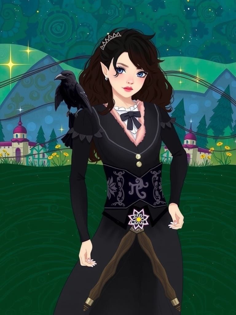 Ethereal Elf Wizard with Raven Tattoo and Familiar in Dreamy...