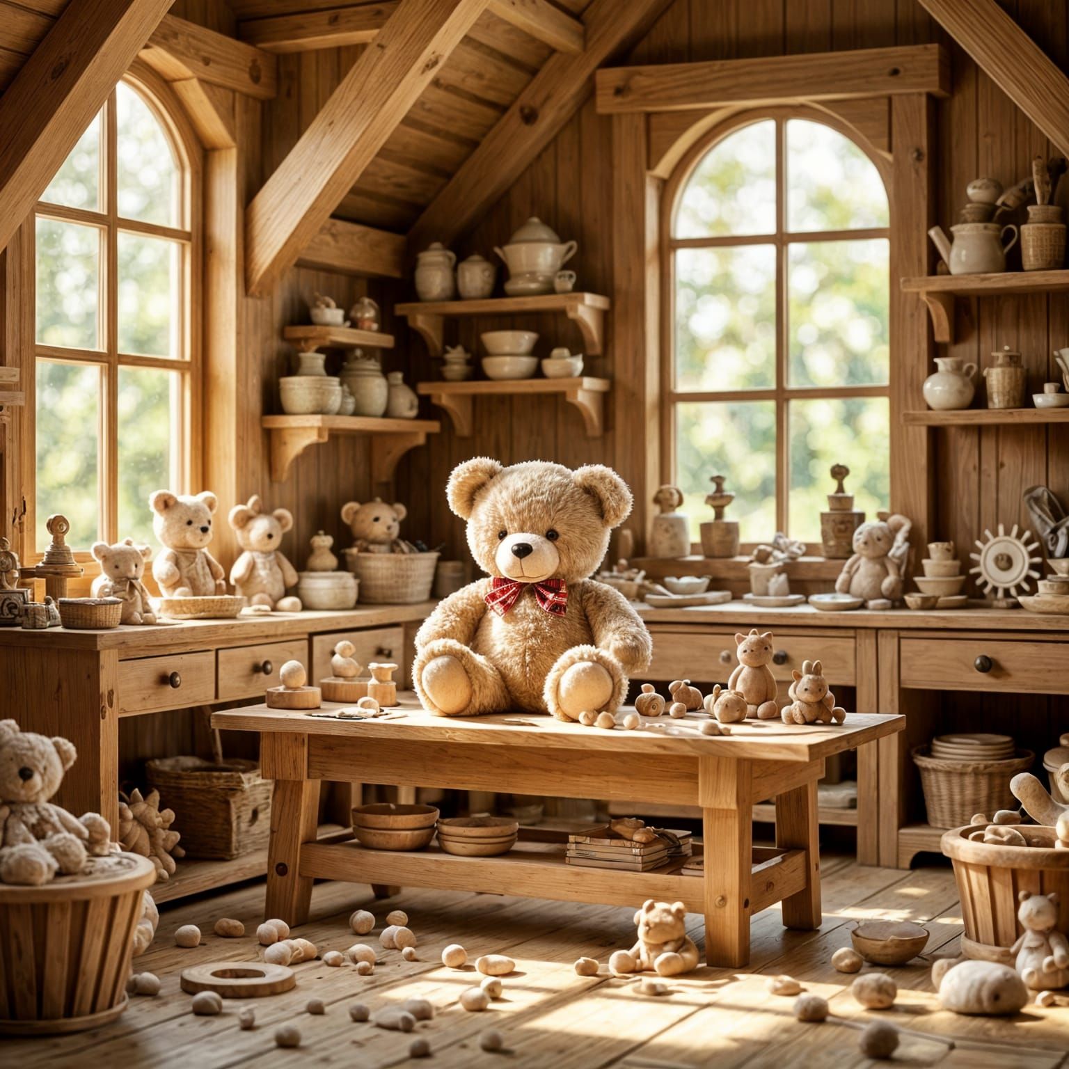 Cozy Sun-Dappled Toy Workshop Illustration