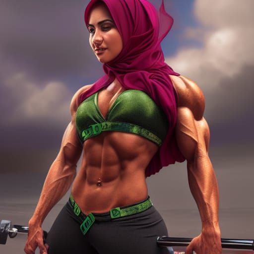 Detailed Matte Painting of Muslim Woman Bodybuilder