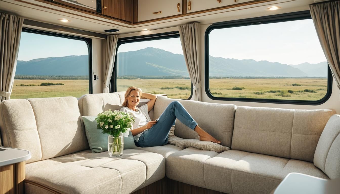 Luxury Motorhome Interior with Woman Lounging
