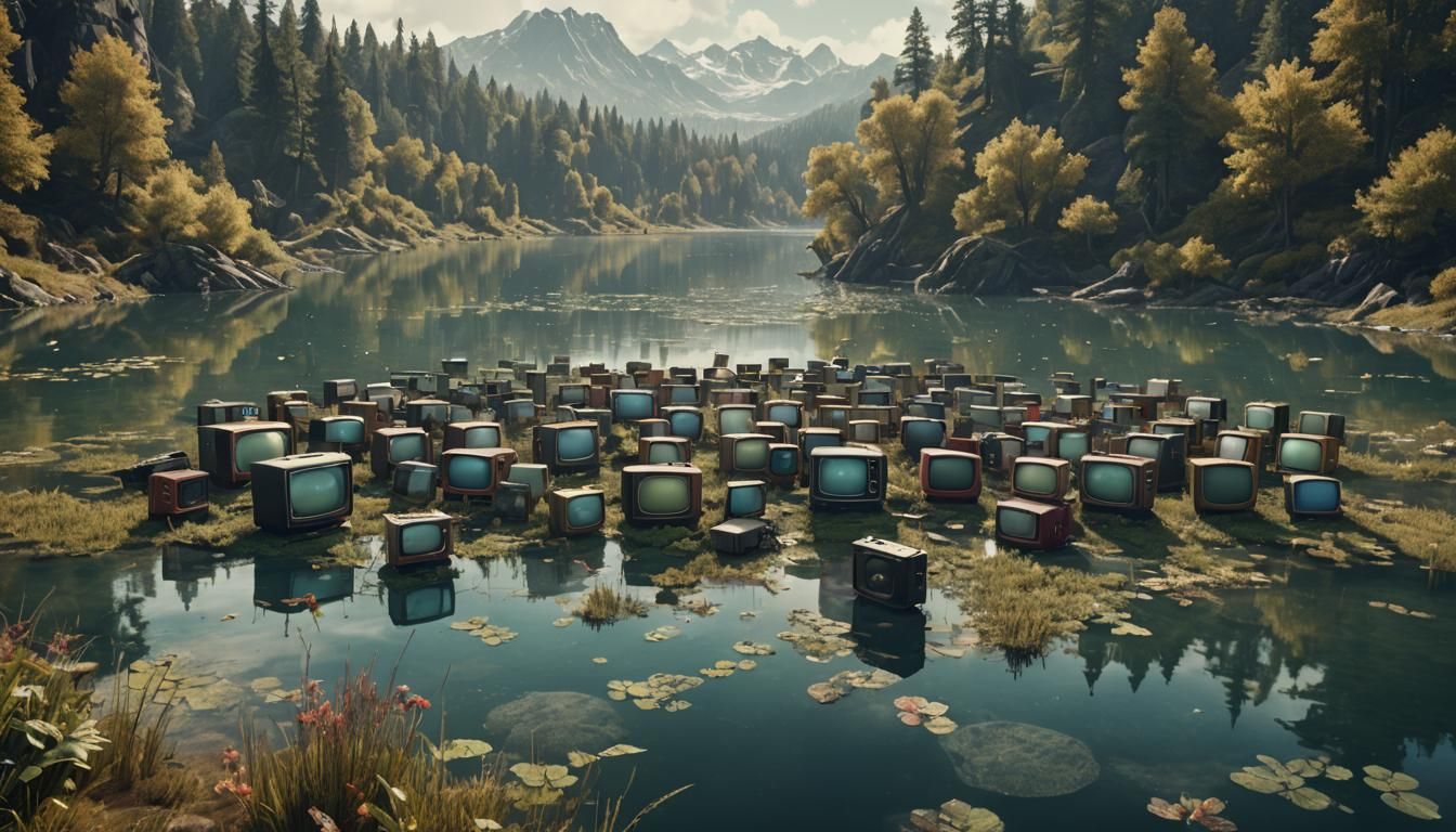 Vintage Televisions Float on a Lake: Digital Art