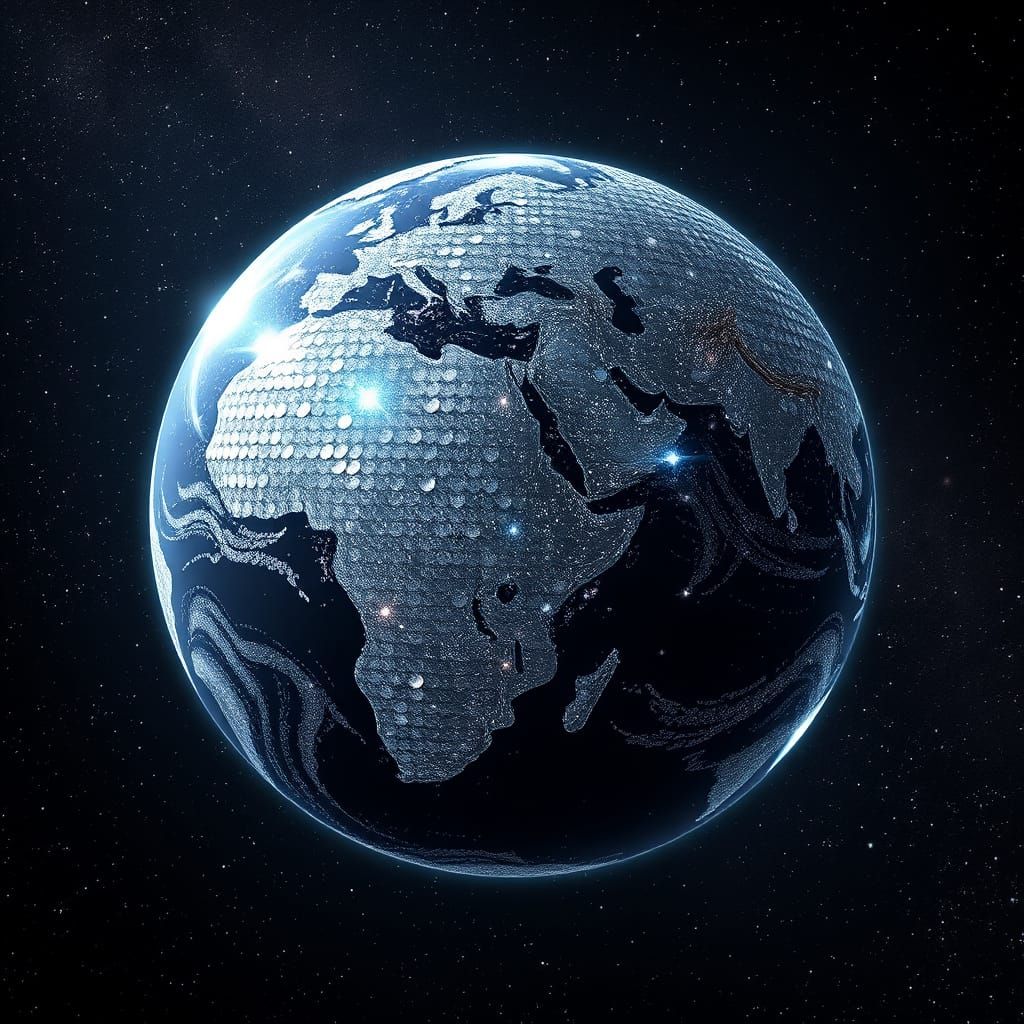 Gleaming, Iridescent Earth Suspended in Cosmic Space