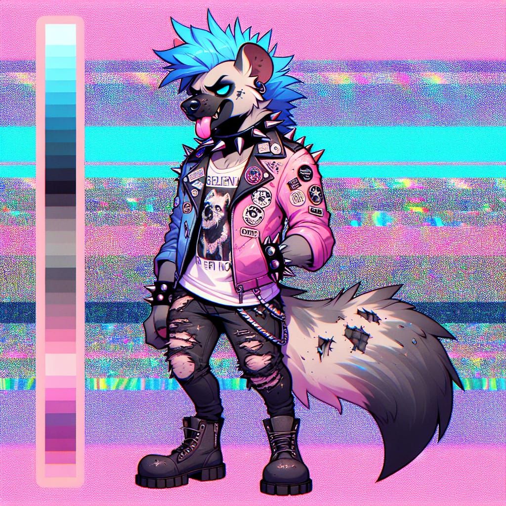 Anthropomorphic Hyena Punk Portrait in Holographic Pink