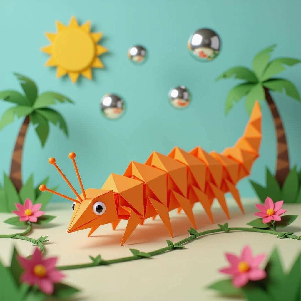 Orange Origami Centipede in Paper Landscape