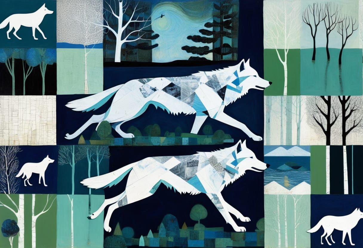 Spectral Wolf in Dark Forest Mixed Media Collage
