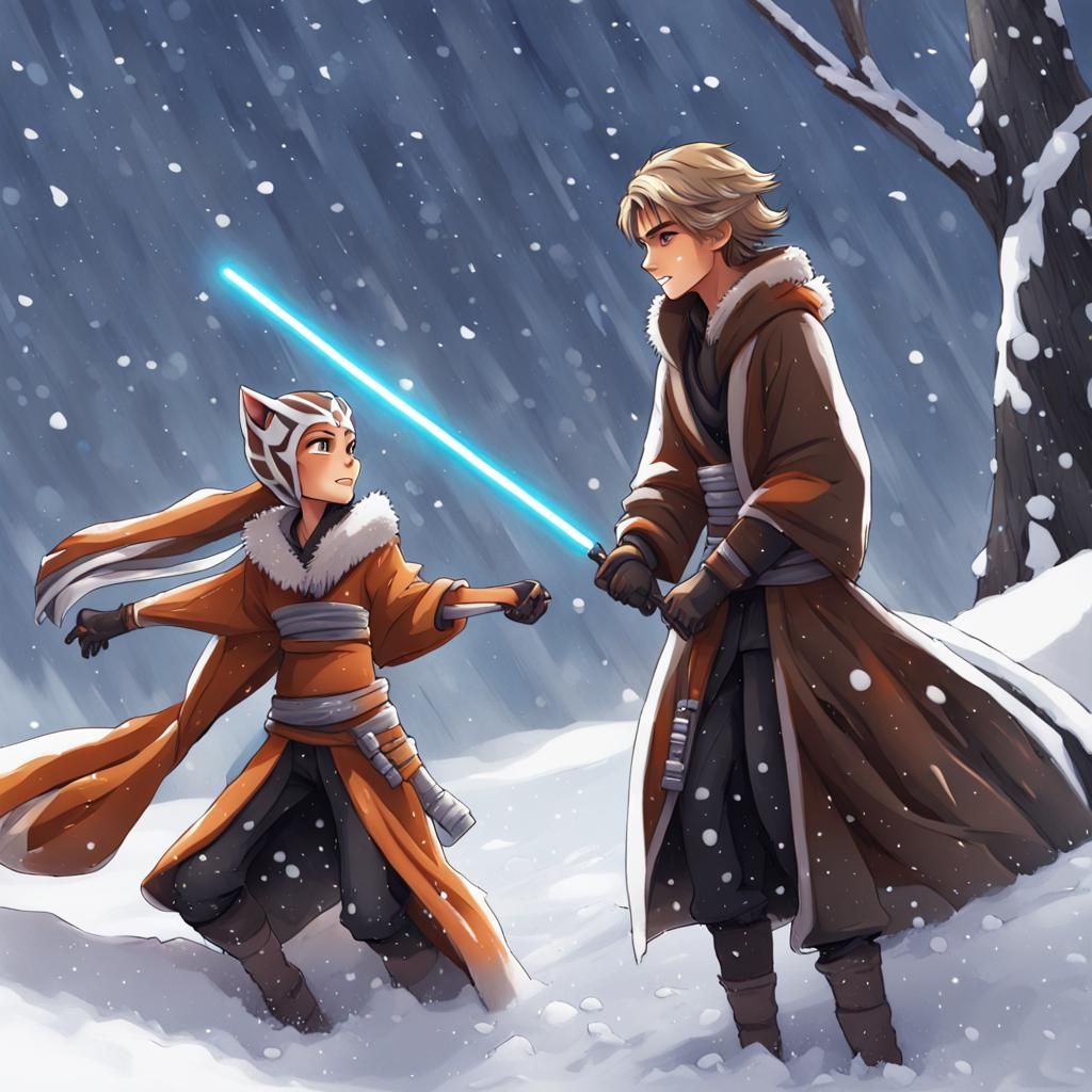 Anakin Skywalker and Ahsoka Tano playing in the snow