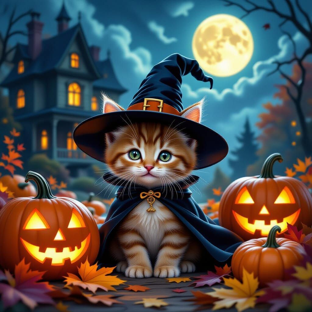 cute orange kitten in a witch's hat and cape sits among glow...