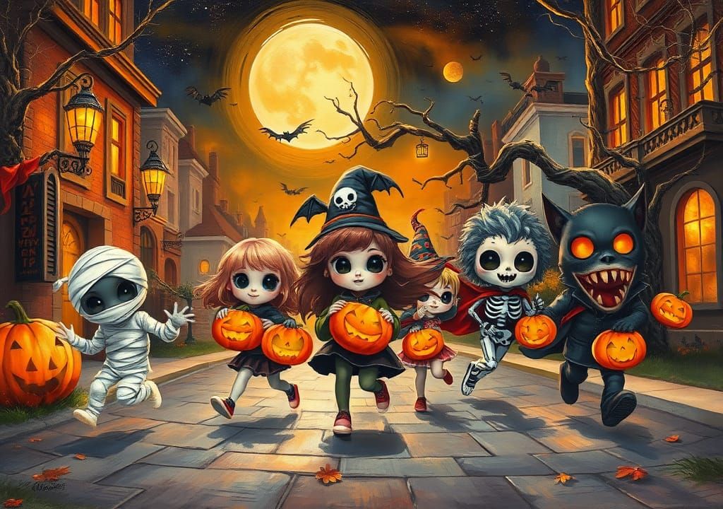 Halloween Night: Chibi Kids in Whimsical Oil Painting