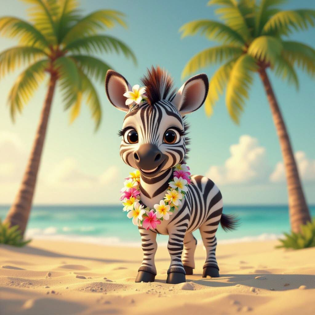 Adorable Baby Zebra on Hawaiian Beach in Pixar Style
