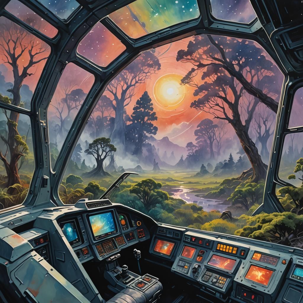 Spaceship Landing on Mystical Planet as Gouache Painting