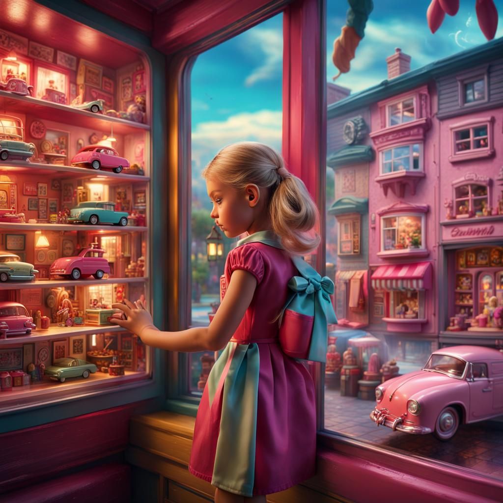Dreamy Girl Gazing at Toy Shop Window