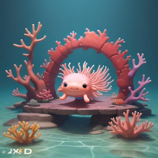 Chibi Axolotl Swims Through Coral Archway: 3D Digital Art