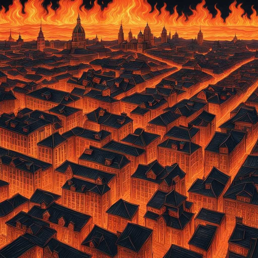 Cityscape of Buildings Forged from Fire
