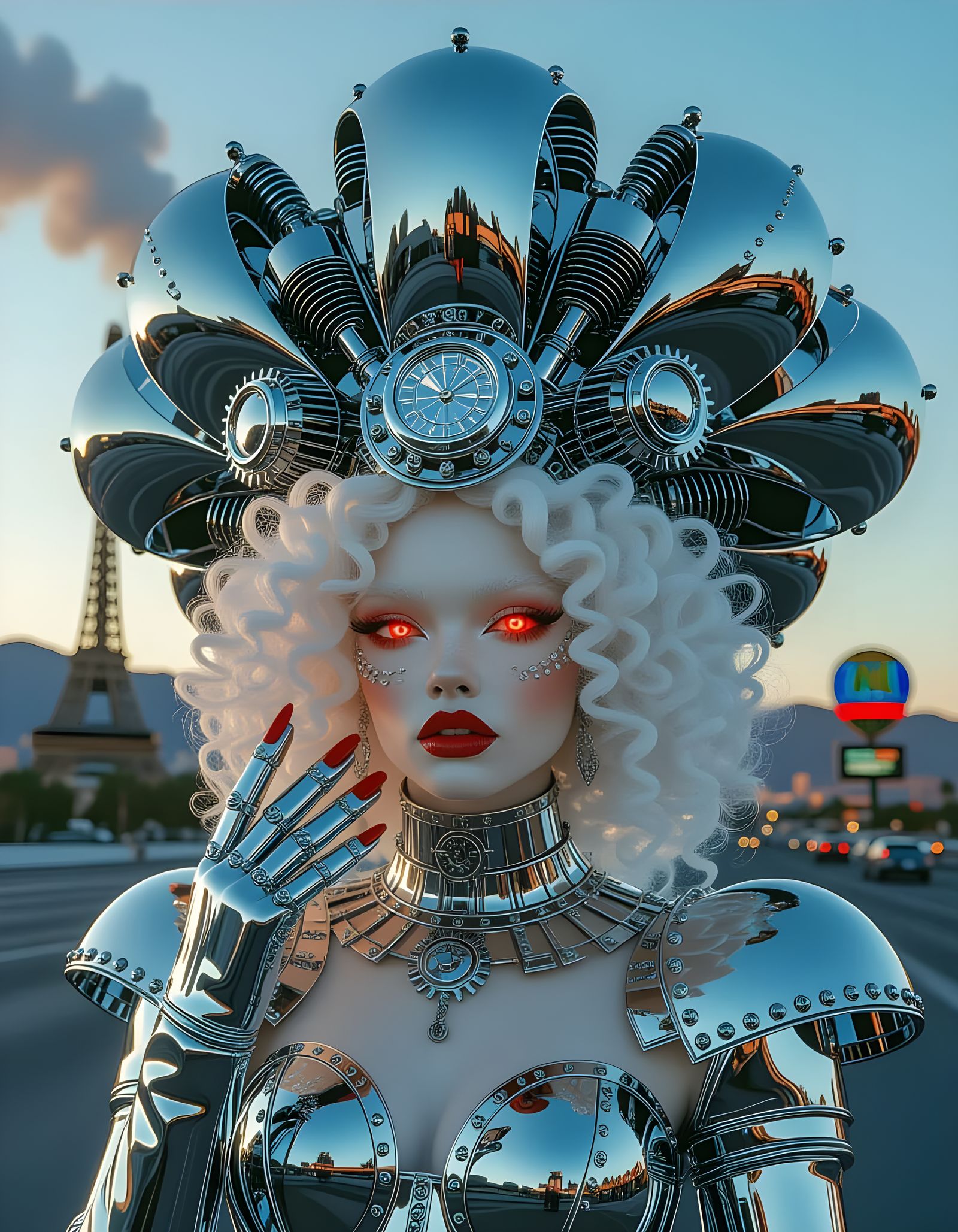 Albino Woman in Steampunk Hat at Sunrise