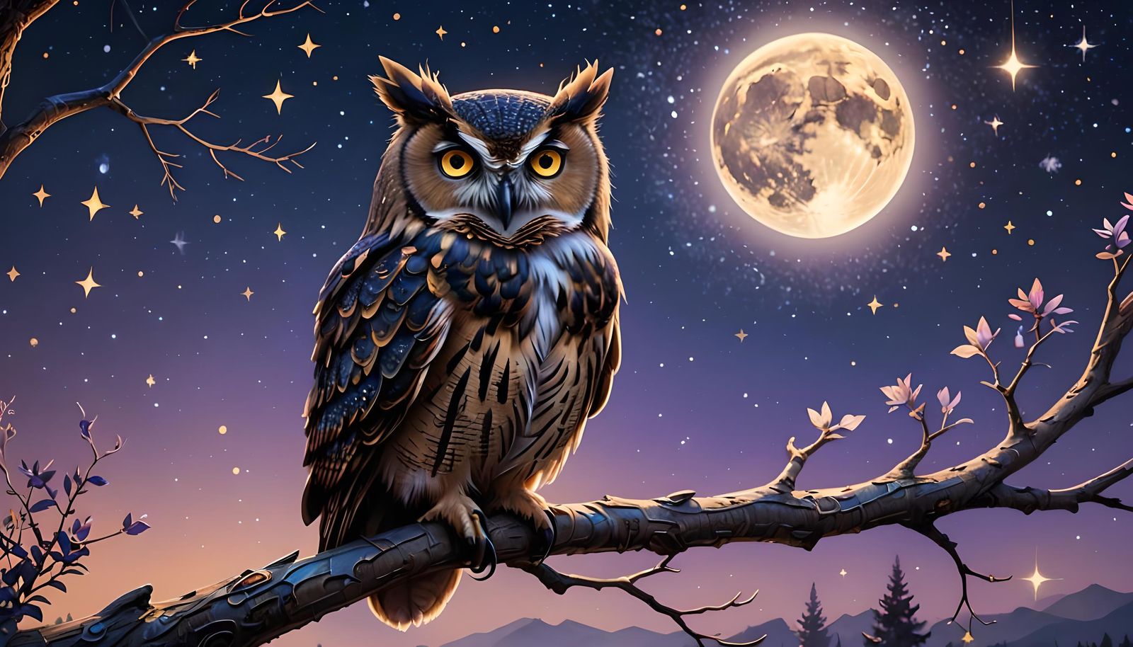 Wise Owl Perched at Twilight: Detailed Matte Painting