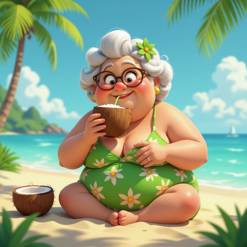 Funny Granny Sipping Coconut on Tropical Beach
