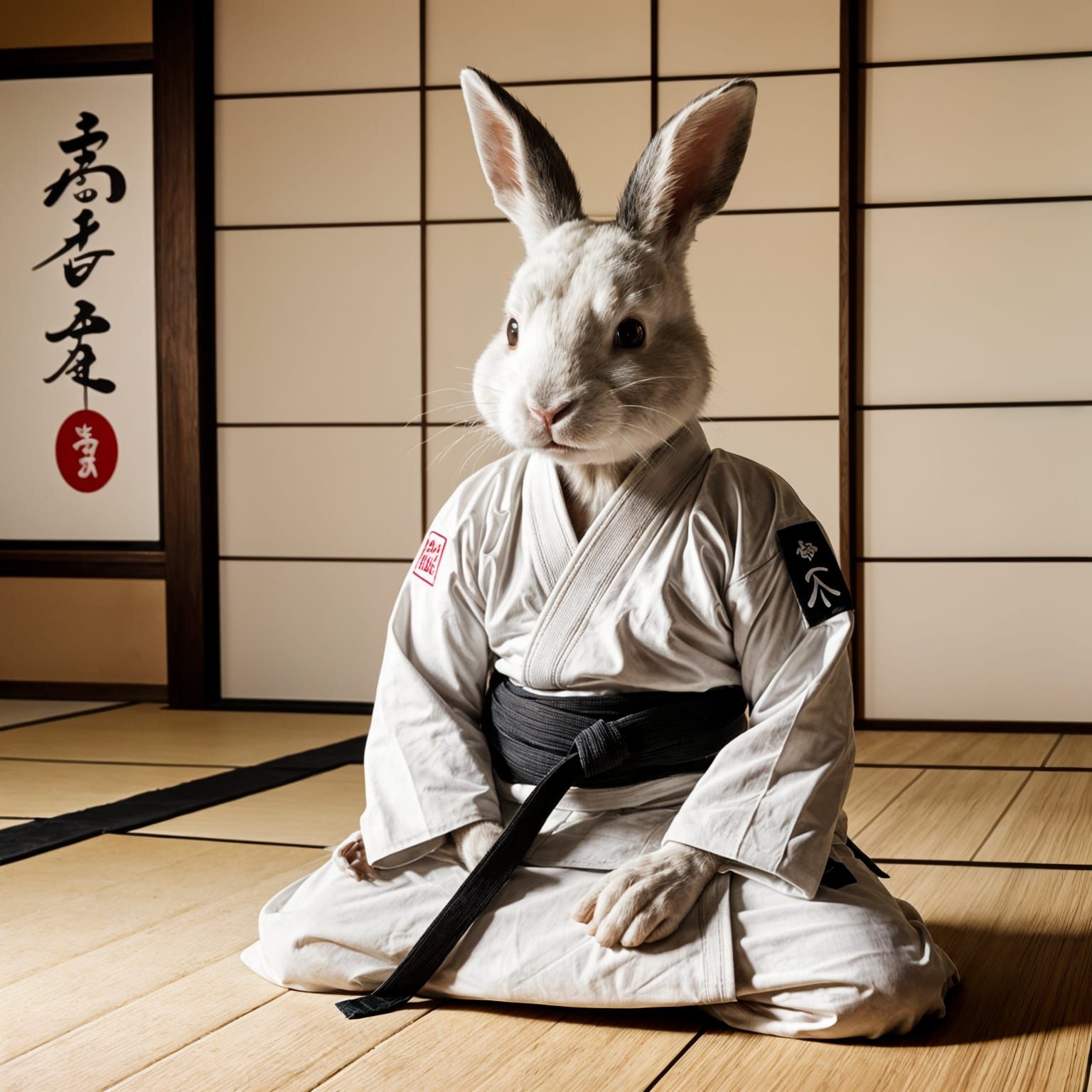 Rabbit Judo Master in Sumi-e Style Dojo