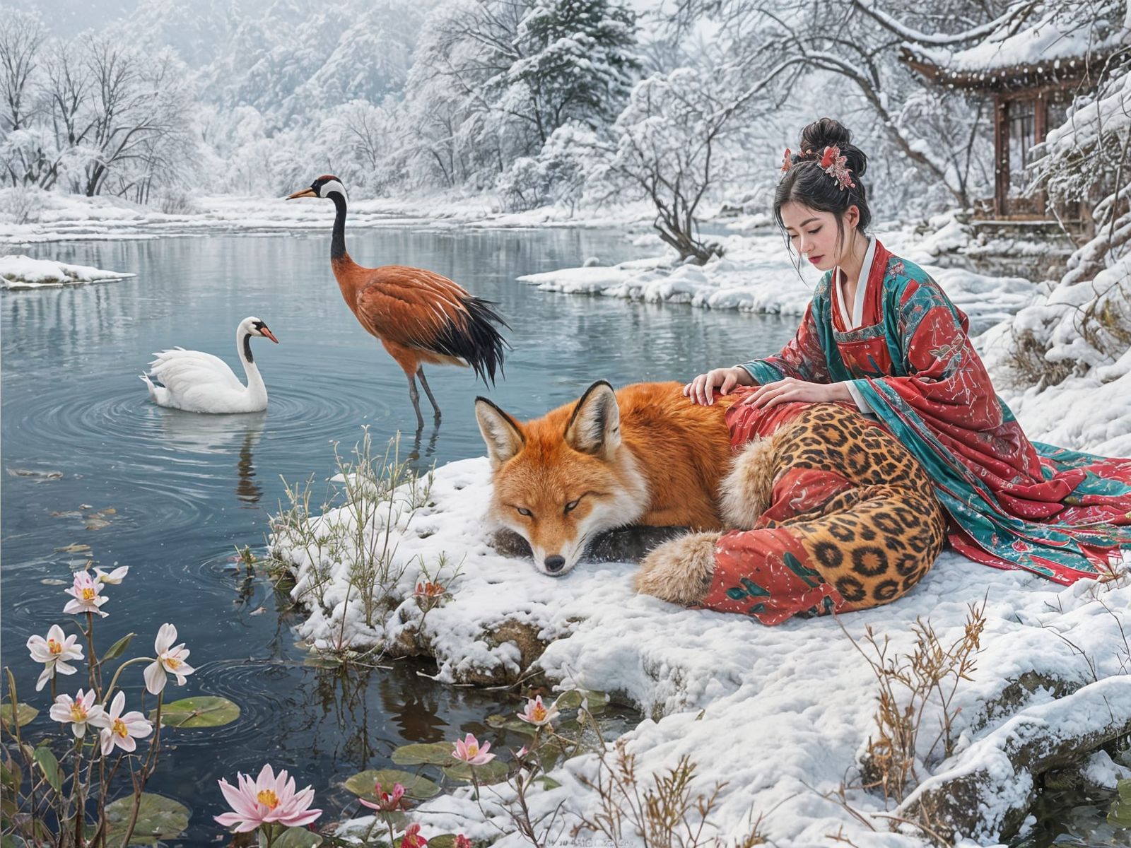 Crimson Fox Asleep in Snowy Landscape