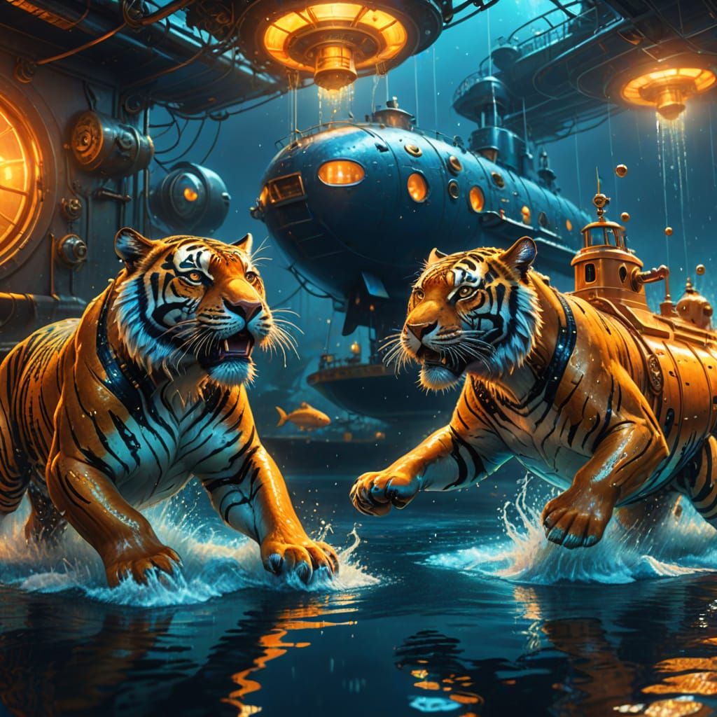 Majestic Tigers and Submarine in Oil Painting Style