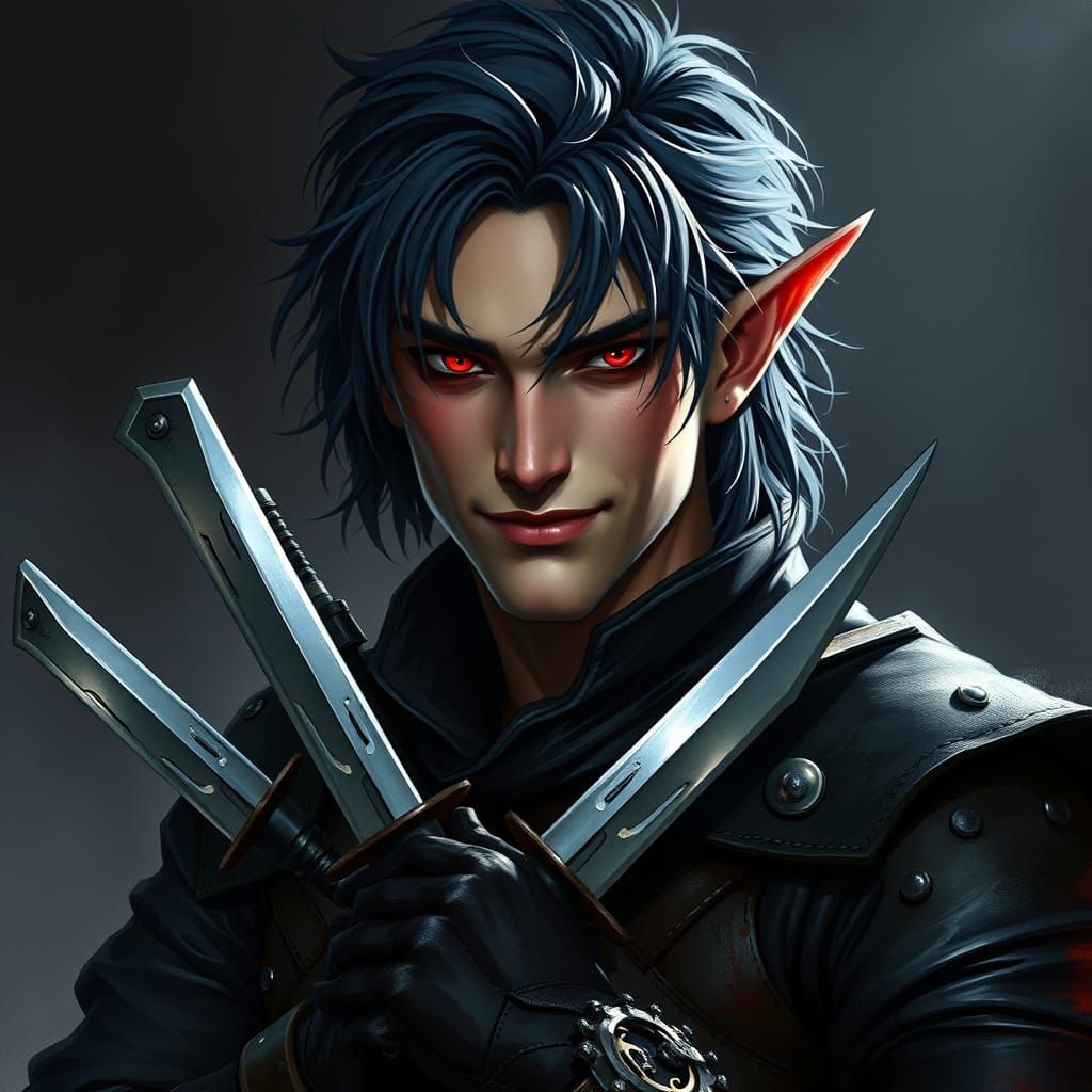 Dark Elf Assassin with Unruly Hair and Scarlet Eyes