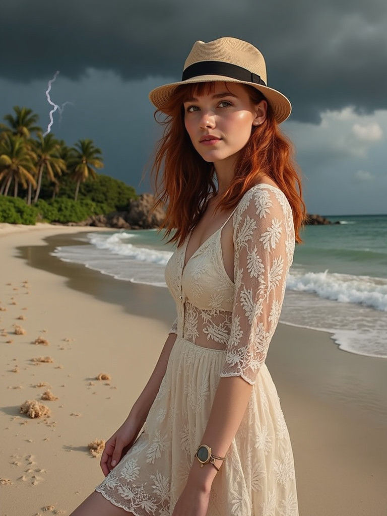 Woman on Tropical Beach with Approaching Thunderstorm