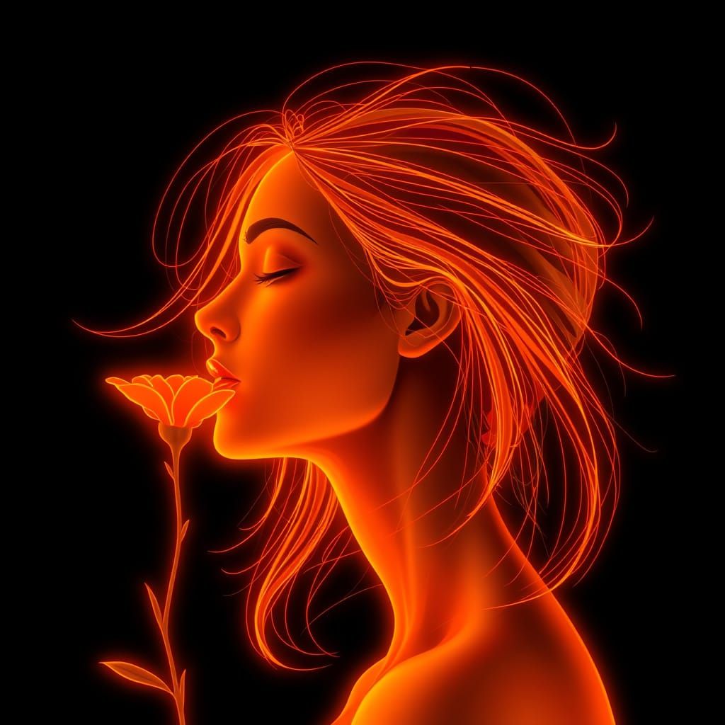 Serene Glow in Neon Orange: A Digital Art Portrait