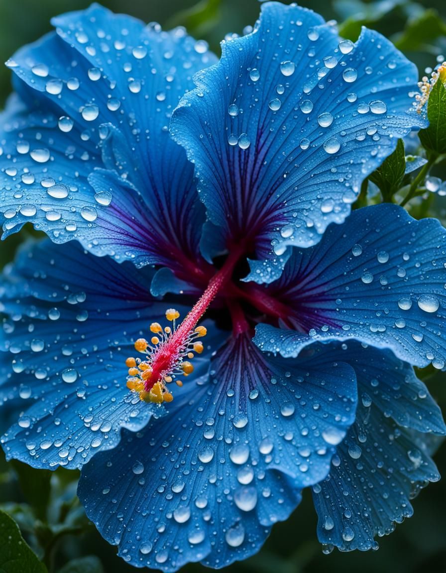 Blue Hibiscus in Morning Dew: Macro Photography