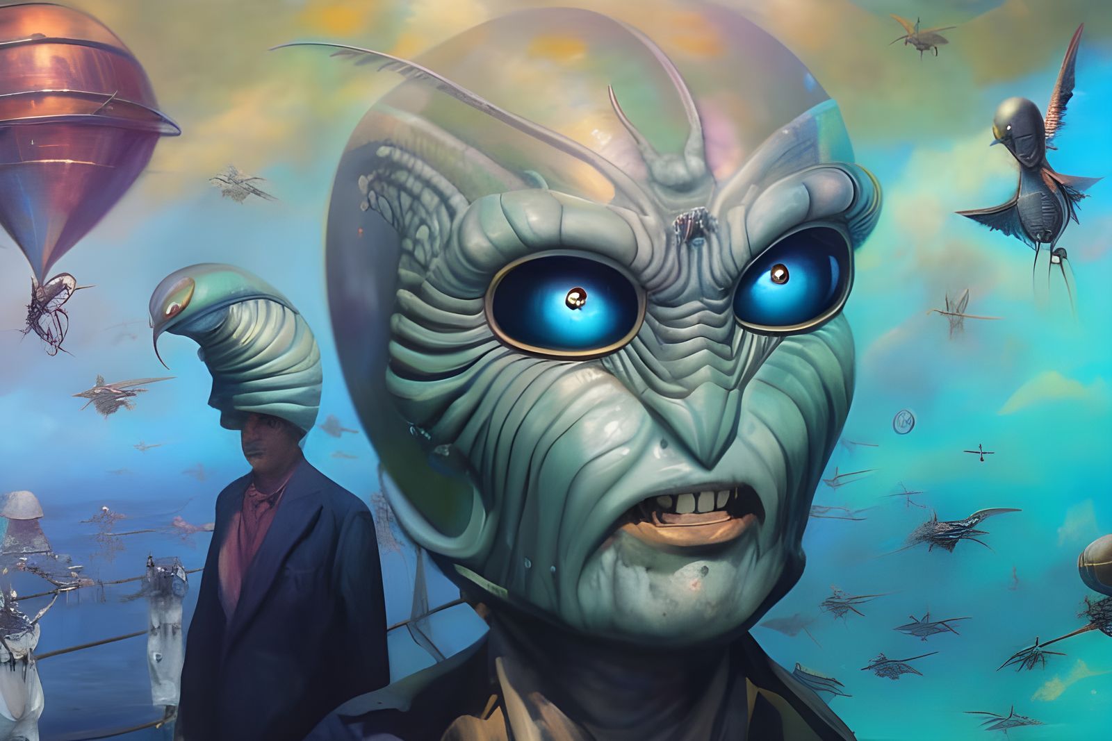 Surreal Alien Cartoon Group in Retro-Futuristic Style