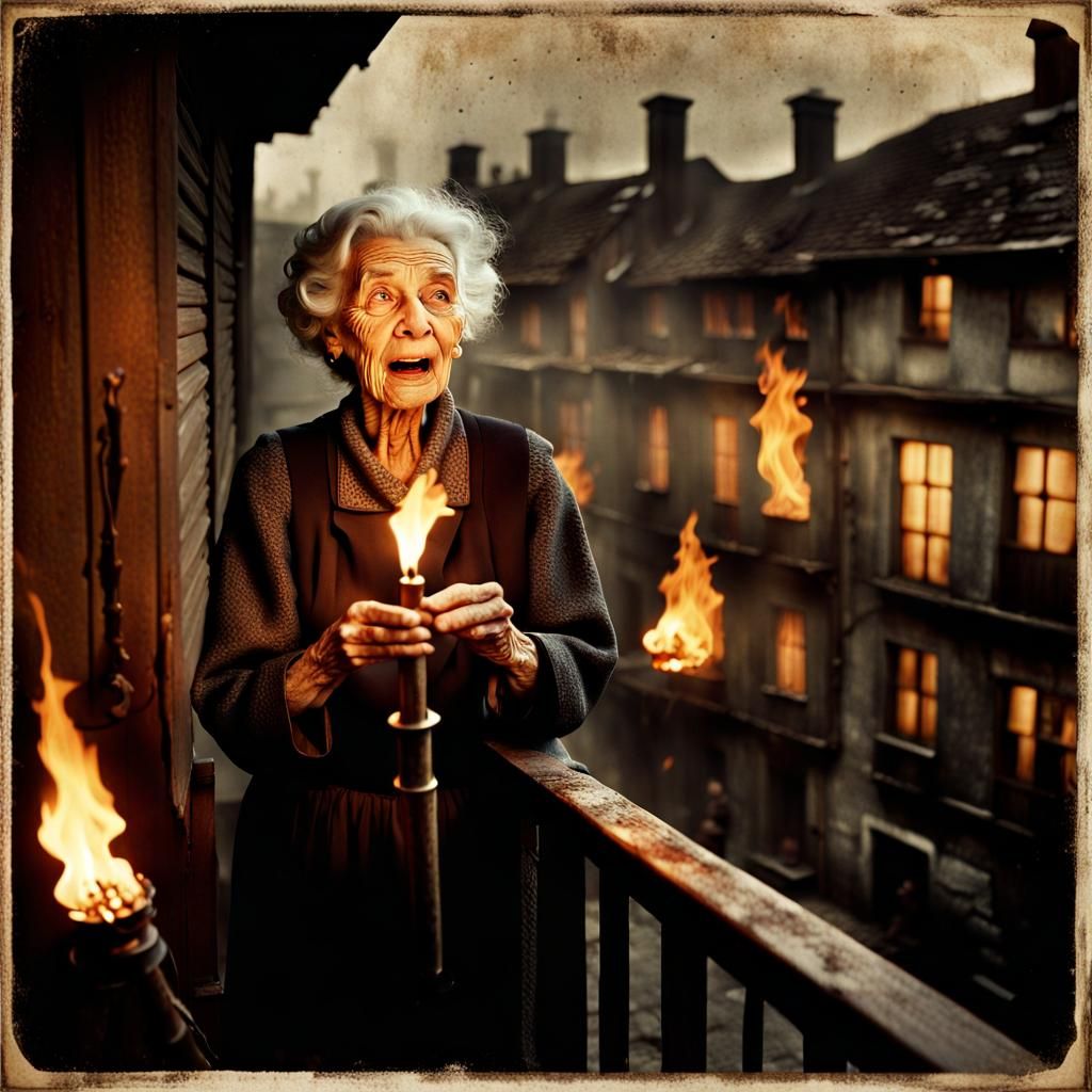 Vintage Photo: Witch Overlooking Torch-Bearing Pioneers