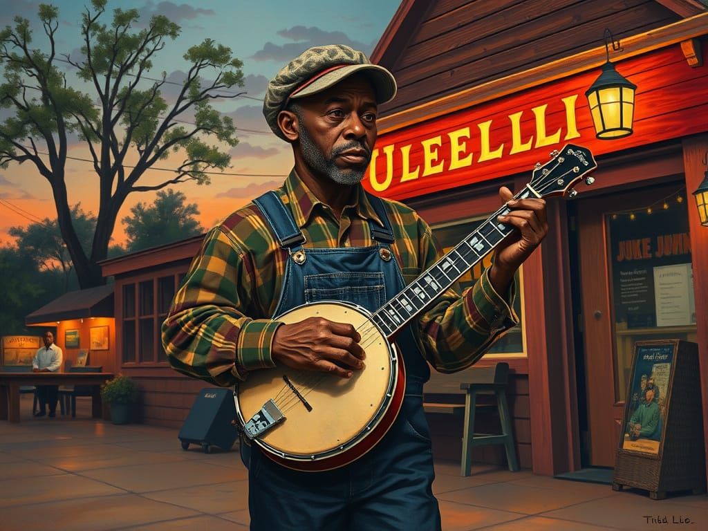 Banjo Player at Juke Joint in Folk Art Style