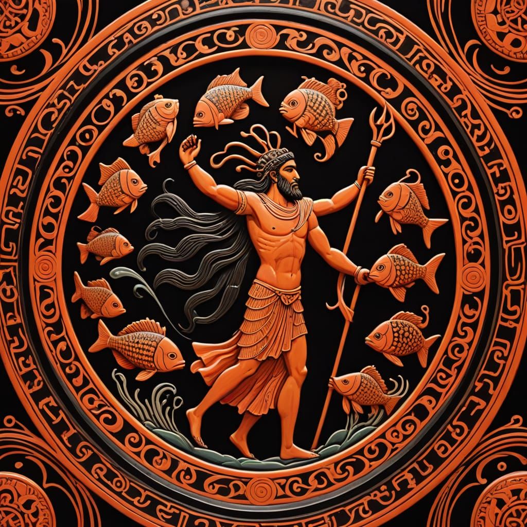 Triumphant Neptune in Greek Black Figure Pottery