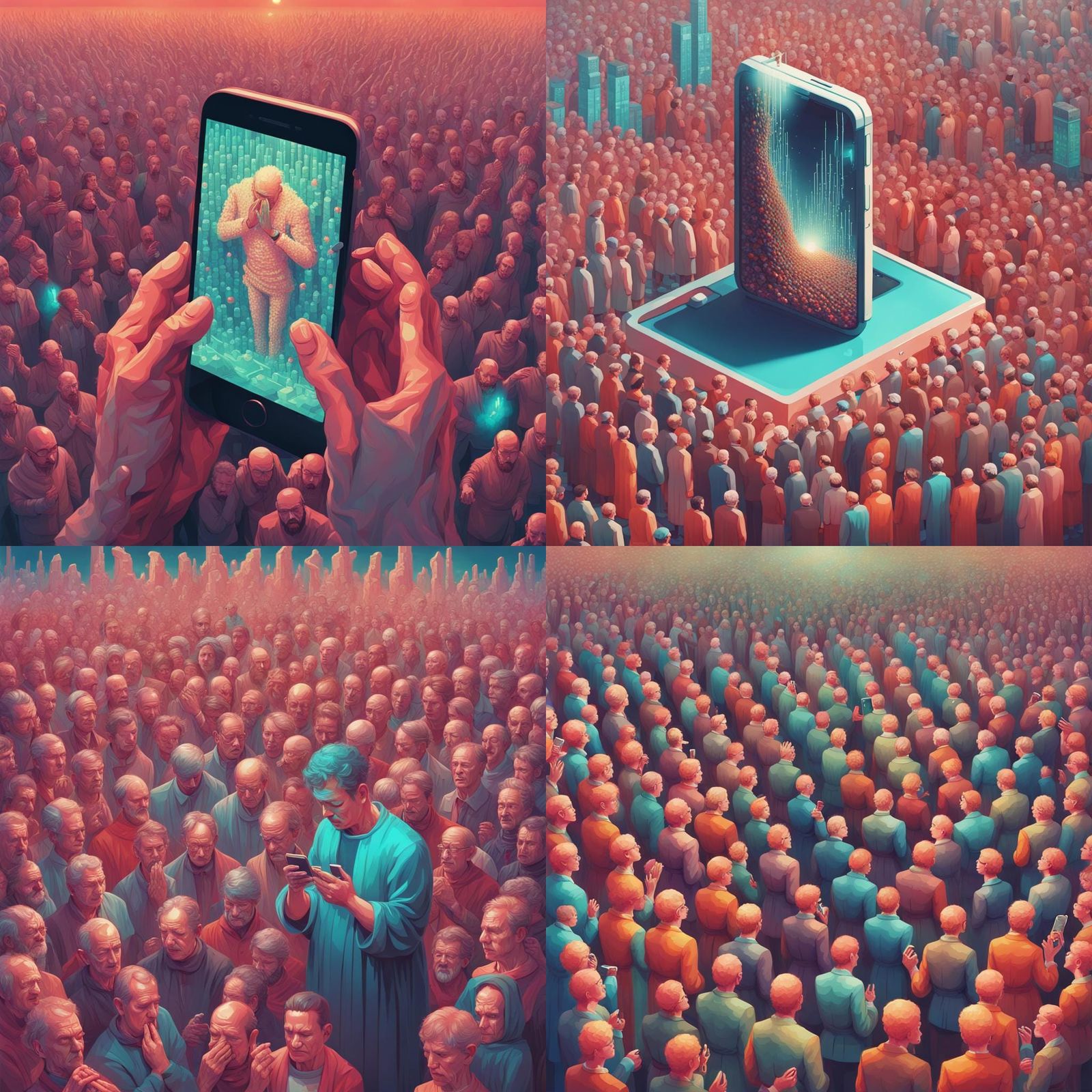 Masses Praying to Holy Cell Phone in Pixel Art
