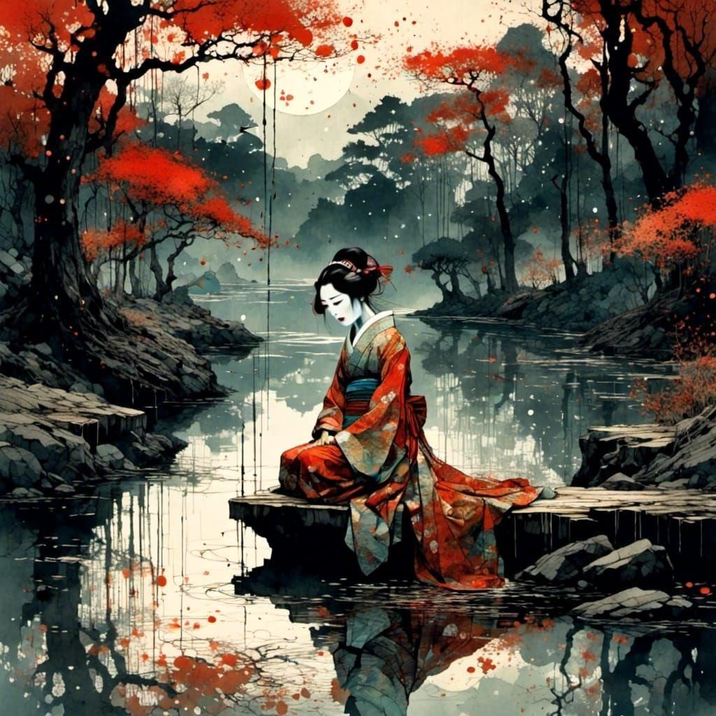 Crying Geisha by Dark River Under Blood Moon